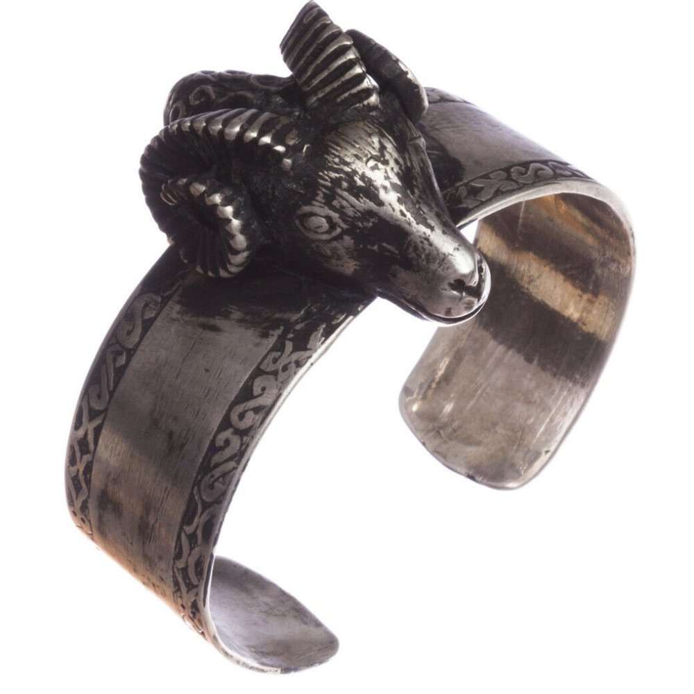 Sterling Silver Large Ram Head Cuff Bracelet with